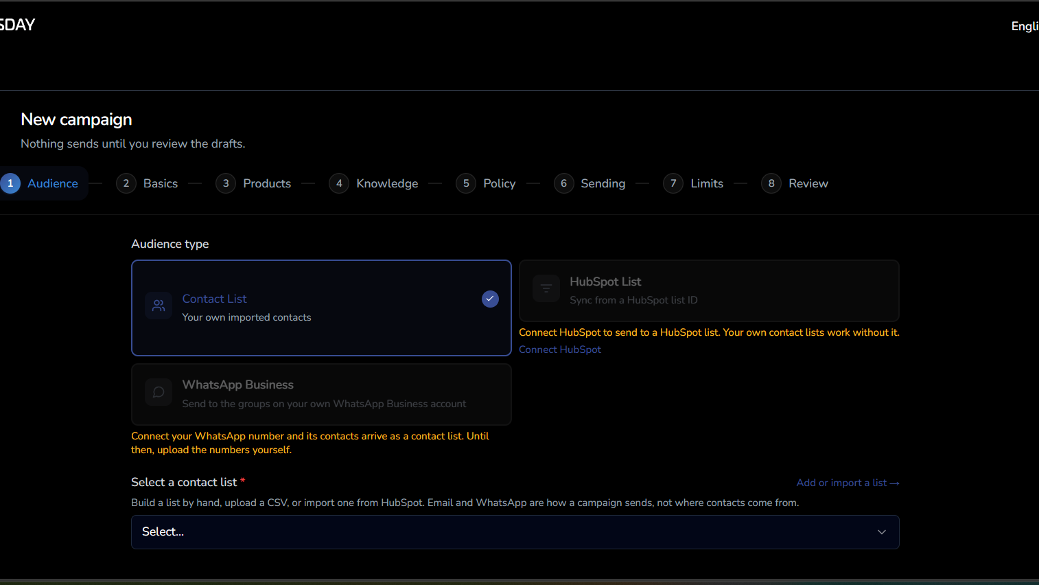 Campaign builder showing a HubSpot contact list selected as the audience for a WhatsApp campaign